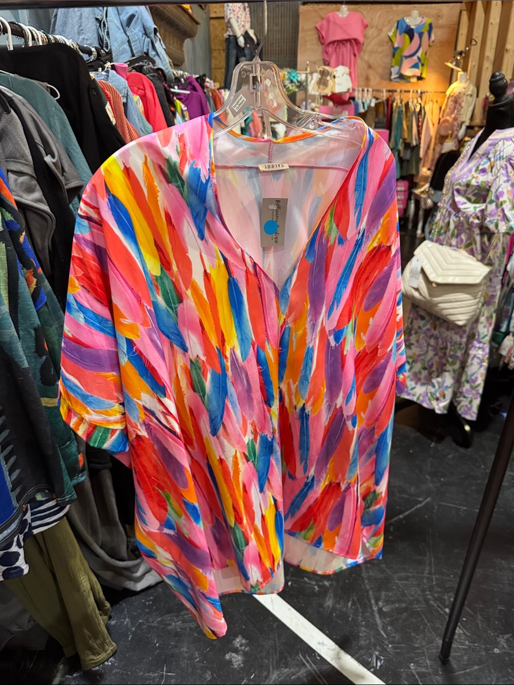 JODIFL Vibrant Brushstroke V-Neck Tunic - Pink, Red, Yellow, Blue